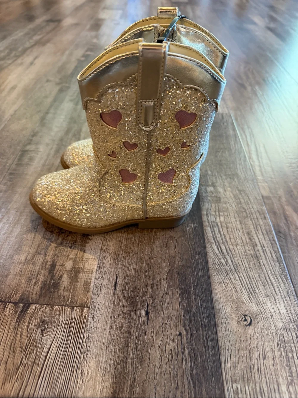 NWT Cat & Jack Kids Glitter Heart Cowboy Boots - Gold with Pink Accents Sz 8